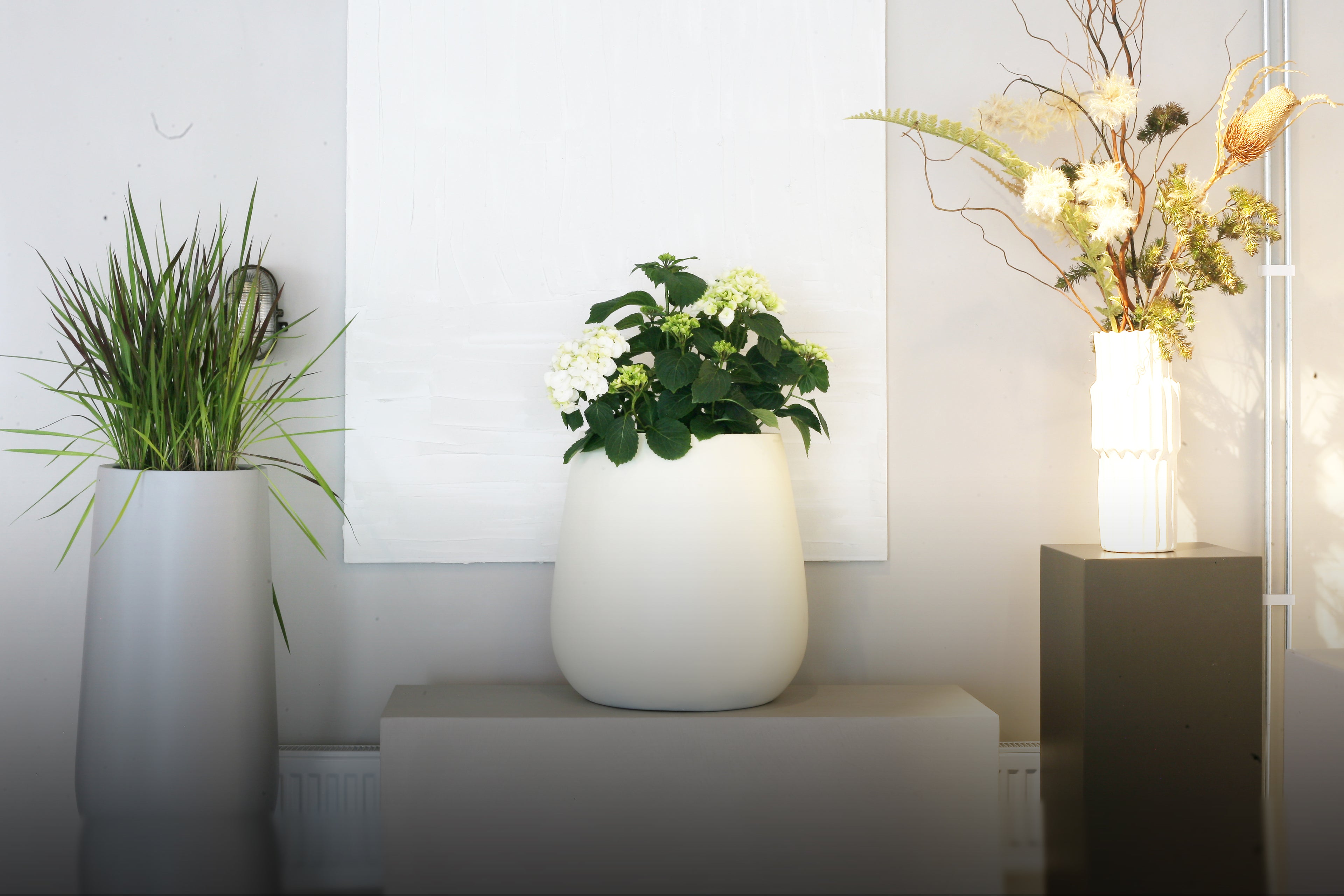 Three pot of flowers on wall design